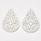 Brass Filigree Joiners Links, Etched Metal Embellishments, Cadmium Free & Nickel Free & Lead Free, teardrop, Platinum, 40x26.5x0.3mm, Hole: 0.9mm