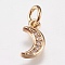 Brass Cubic Zirconia Charms, Moon, Golden, 9x5x1mm, Hole: 3.5mm