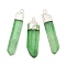 Natural Quartz Crystal Pointed Pendants, Bullet Shape, Dyed, with Platinum Brass Finding, Light Green, 35~53x7~13x5.5~10mm, Hole: 2.5mm