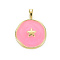 Brass Enamel Pendants, Cadmium Free & Nickel Free & Lead Free, Real 16K Gold Plated, Flat Round with Star, Hot Pink, 20.5x15.5x4.5mm, Hole: 2.5x3mm