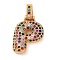 Brass Micro Pave Cubic Zirconia Pendants, Nickel Free, Real 18K Gold Plated, Colorful, Letter P, 18.5~24x12.5~25.5x5~5.5mm, Hole: 5x3mm