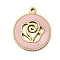 304 Stainless Steel Enamel Pendants, Ion Plating(IP), Flat Round with Flower Charms, Real 18K Gold Plated, 17.5x15x1.5mm, Hole: 1.4mm