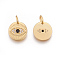 Brass Micro Pave Cubic Zirconia Charms, Lead Free & Cadmium Free, Flat Round with Eye, Black, Matte Gold Color, 10.5x10.5x1.5mm, Hole: 3mm