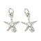 Brass Micro Pave Cubic Zirconia Pendants, Starfish Charms, Rack Plating, Long-Lasting Plated, Cadmium Free & Lead Free, with Jump Ring, Platinum, 13x10.5x3mm, Hole: 3.5mm