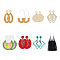 8 Pairs 8 Style Alloy & Raffia & Wood & Polyester Dangle Stud Earrings for Women, Teardrop & Rectangle & Arch & Rhombus, Mixed Color, 51~100mm, 1 Pair/style
