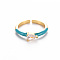 Brass Enamel Cuff Rings, Open Rings, Solitaire Rings, with Clear Cubic Zirconia, Nickel Free, Teardrop, Golden, Dark Cyan, US Size 7(17.3mm)