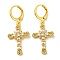 Real 18K Gold Plated Brass Dangle Leverback Earrings, with Glass, Cross, Clear, 38x16mm