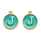 Golden Plated Alloy Enamel Charms, Enamelled Sequins, Flat Round with Alphabet, Letter.J, Green, 14x12x2mm, Hole: 1.5mm