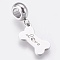 304 Stainless Steel European Dangle Charms, Large Hole Pendants, with Rhinestone, Bone with Word Love, Stainless Steel Color, 25mm, Hole: 4mm, Pendant: 15x8x1mm