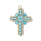 Glass Seed Beaded Cross Pendants, with Glass & 304 Stainless Steel Jump Rings, Real 18K Gold Plated, Light Sky Blue, 32.5x26x4.5mm, Hole: 3mm