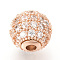 Brass Micro Pave Cubic Zirconia Beads, Cadmium Free & Lead Free, Round, Clear, Rose Gold, 10mm, Hole: 2mm