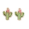 Brass Alloy Pendants, with Enamel, Cactus with Flower Charm, Golden, Rack Plating, Pale Green, 16x13.5x4.5mm, Hole: 1.2mm