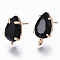 Brass Stud Earring Findings, with Opaque Glass and Loop, Long-Lasting Plated, Cadmium Free & Nickel Free & Lead Free, Teardrop, Light Gold, Black, 14x8.5mm, Hole: 1.2mm, Pin: 0.7mm