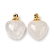 Natural Quartz Crystal Perfume Bottle Pendants, Rock Crystal, Heart Charms with Golden Plated 304 Stainless Steel Findings, 28x20x12mm, Hole: 2mm