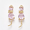 Brass Pendants, with Glass, Cat, Nickel Free, Real 18K Gold Plated, Pearl Pink, 25.5~28.5x7x4.5mm, Hole: 1.4mm