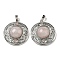 Natural Rose Quartz Pendants, Rack Plating Brass Hollow Flat Round Charms, Cadmium Free & Lead Free, Platinum, 36.5x33x9.5mm, Hole: 7.5x5mm