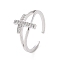 Brass Micro Pave Cubic Zirconia Rings, Open Cuff Ring, Religion Cross Ring for Women, Cadmium Free & Lead Free, Platinum, 1.5mm, Inner Diameter: 18mm
