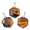 Faceted Natural Tiger Eye Pendants, with Platinum Tone Brass Findings, Hexagon, 28x25x9mm, Hole: 4x5mm