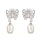 Natural Pearl Ear Studs, with Sterling Silver Micro Pave Clear Cubic Zirconia Findings, Butterfly & Oval, Platinum, 21x12mm