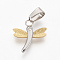 304 Stainless Steel Textured Pendants, with Rhinestone, Dragonfly, Golden & Stainless Steel Color, 17x15.5x2mm, Hole: 4x6mm
