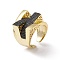 Black Cubic Zirconia Ski Slope Open Cuff Ring, Rack Plating Brass Wide Ring for Women, Cadmium Free & Nickel Free & Lead Free, Real 18K Gold Plated, US Size 7 1/4(17.5mm)