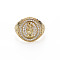 Colorful Cubic Zirconia Flat Round with Jesus Wide Band Cuff Ring, Brass Signet Open Ring for Women, Nickel Free, Real 18K Gold Plated, US Size 7(17.3mm)