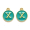 Golden Plated Alloy Enamel Charms, Enamelled Sequins, Flat Round with Alphabet, Letter.X, Green, 14x12x2mm, Hole: 1.5mm