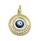 Brass Micro Pave Cubic Zirconia Pendants, with Enamel, Cadmium Free & Nickel Free & Lead Free, with Jump Ring, Real 18K Gold Plated, Flat Round with Evil Eye, Midnight Blue, 17.5x15x3mm, Hole: 3.8mm
