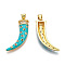 Brass Micro Pave Cubic Zirconia Pendants, Cadmium Free & Lead Free, with Enamel and Brass Snap on Bails, Scabbard/Tusk, Real 18K Gold Plated, Turquoise, 28x9x5mm, Hole: 3x5mm