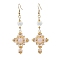 Natural Mixed Stone & Glass Seed Beads Dangle Earrings for Women, Cross, Golden, Pink, 76x27mm