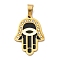 304 Stainless Steel Rhinestone Pendants, with Enamel, Real 18K Gold Plated, PVD Vacuum Plating, Hamsa Hand with Eye Charm, Black, 27x19x2mm, Hole: 4x6.5mm