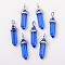 Bullet Glass Pointed Pendants, with Alloy Findings, Platinum, Blue, 40x12mm, Hole: 3x4mm