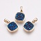 Natural Druzy Agate Pendants, with Brass Finding, Square, Golden, Royal Blue, 13x11x3~4mm, Hole: 2x2.5mm