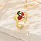 Fruit Themes Brass Cuff Open Rings for Women, with Enamel, Golden, Cherry, 13mm, Inner Diameter: 16mm~18mm