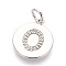 Brass Micro Pave Cubic Zirconia Pendants, Lead Free & Cadmium Free, Flat Round with Letter, Platinum, Letter.O, 17.5x15x1.5mm, Hole: 3mm