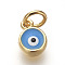 Brass Enamel Charms, Lead Free & Cadmium Free, Flat Round with Evil Eye, Deep Sky Blue, Golden, 8x6x3mm, Hole: 3mm