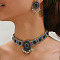 Oval Alloy Rhinestone Choker Necklace & Stud Earrings Sets for Women, Antique Silver, Jet, 420mm