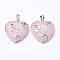 Heart Natural Rose Quartz Pendants, with Platinum Plated Brass Pendant Settings, 36x31~33mm, Hole: 6mm