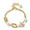 Brass Wire Wrapped Rectangle Link Bracelet, with Natural Pearl Beaded, Real 14K Gold Plated, 7-3/8 inch(18.6cm)