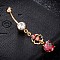Brass Cubic Zirconia Navel Ring, Belly Rings, with 304 Stainless Steel Bar, Cadmium Free & Lead Free, Real 18K Gold Plated, Flower with Flat Round, Red, 49x9mm, Bar: 15 Gauge(1.5mm), Bar Length: 3/8