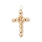 Brass Beaded Pendants, with Copper Jewelry Wire, Cross Charms, Real 18K Gold Plated, 27x16x4mm, Hole: 2.5mm