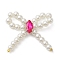 Plastic Pearl Beads Pendants, with Rack Plating Brass Loops Micro Pave Cubic Zirconia, Long-Lasting Plated, Lead Free & Cadmium Free, Bowknot, Fuchsia, 27~29x24~27.5x3.5mm, Hole: 6.8mm