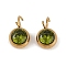 Ion Plating(IP) 304 Stainless Steel Micro Pave Cubic Zirconia Charms, Real 18K Gold Plated, Round Charm, Dark Olive Green, 10.5x6.5x4mm, Hole: 2.5mm