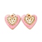 304 Stainless Steel Enamel Pendants, with Rhinestone and Jump Ring, Ion Plating(IP), Heart with Flower Charm, Real 18K Gold Plated, Pink, 16.5x17x4.5mm, Hole: 2.5mm
