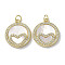 Brass Micro Pave Cubic Zirconia Pendants, Cadmium Free & Lead Free, with Shell, Flat Round with Heart Pattern, Real 18K Gold Plated, 21x18x3mm, Hole: 3mm