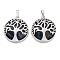 Natural Sodalite Pendants, Rock Crystal Pendants, with Platinum Plated Brass Findings, Flat Round with Tree of Life, Platinum, 31x27x8mm, Hole: 3.5x7mm
