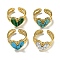Ion Plating(IP) 304 Stainless Steel Open Cuff Rings, Synthetic Malachite & Turquoise Heart Finger Rings for Women Men, Real 18K Gold Plated, Adjustable