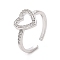 Clear Cubic Zirconia Hollow Out Heart Open Cuff Ring, Brass Jewelry for Women, Cadmium Free & Lead Free, Platinum, Inner Diameter: 17.2mm