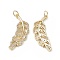 Brass Micro Pave Cubic Zirconia Pendants, Cadmium Free & Nickel Free & Lead Free, with Jump Ring, Feather Charms, Real 18K Gold Plated, 29.5x12x2.5mm, Hole: 3mm