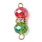 Red & Green Faceted Rondelle Transparent Glass & Brass Rhinestone Peanut Connector Charms, with 304 Stainless Steel Double Loops, Golden, 20x7.5mm, Hole: 2mm